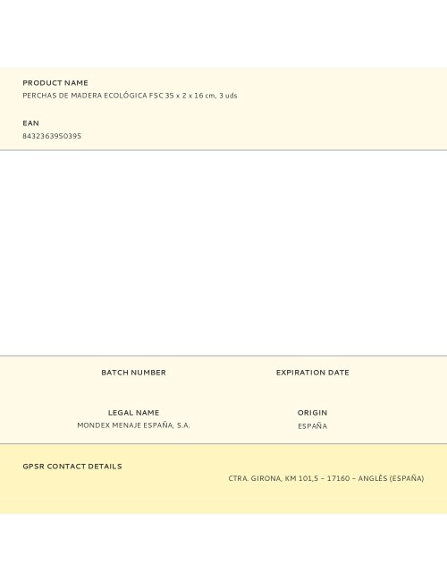Perchas de madera ecológica fsc 35 x 2 x 16 cm, 3 uds