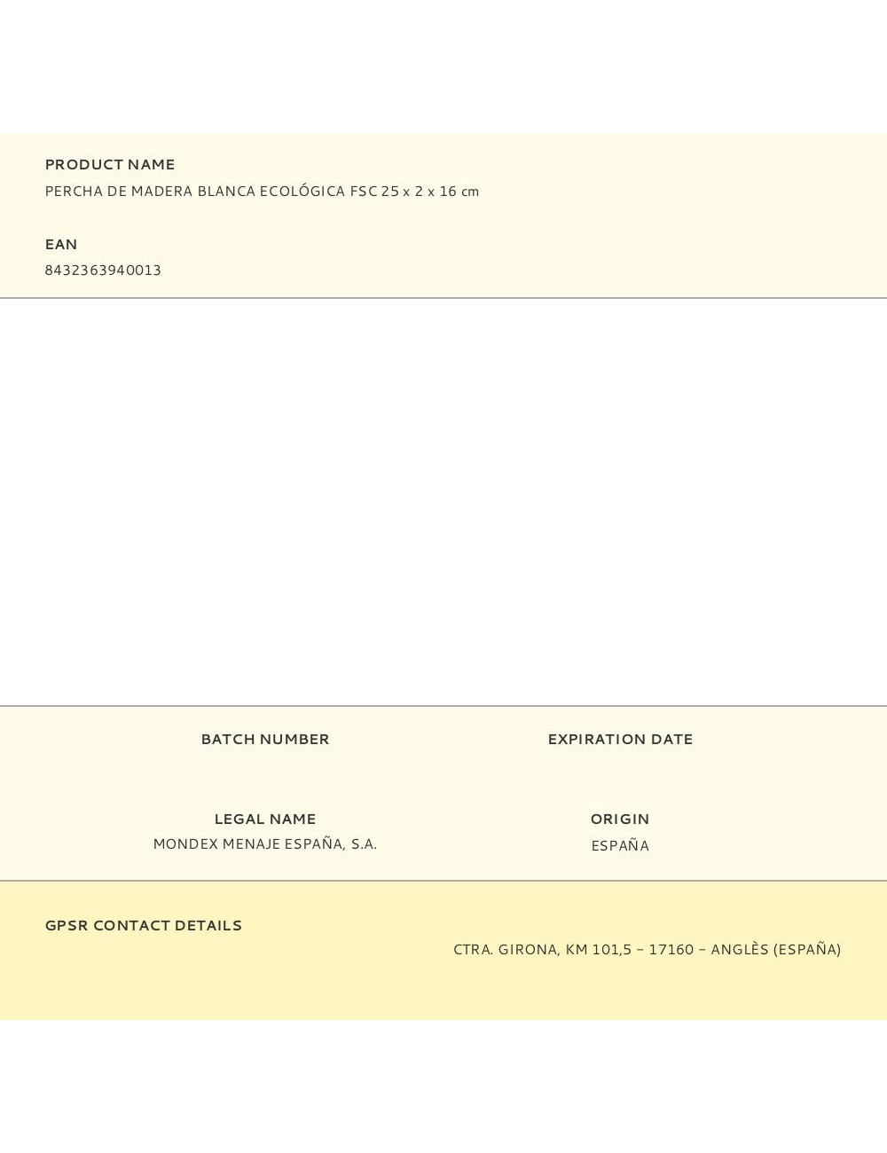 Percha de madera blanca ecológica fsc 25 x 2 x 16 cm