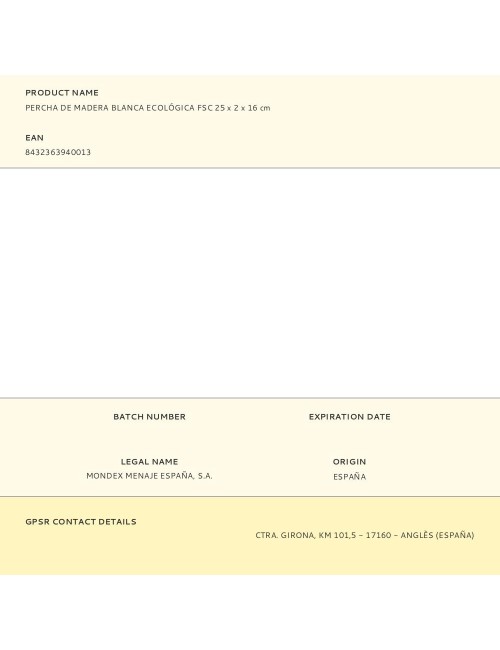 Percha de madera blanca ecológica fsc 25 x 2 x 16 cm