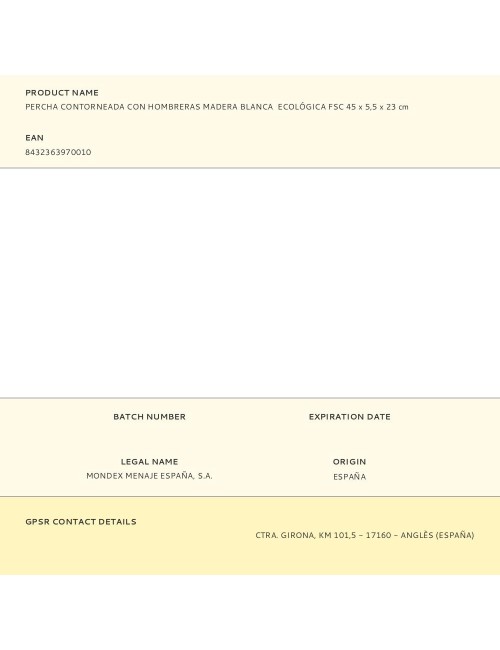 Percha contorneada con hombreras madera blanca ecológica fsc 45 x 5,5 x 23 cm