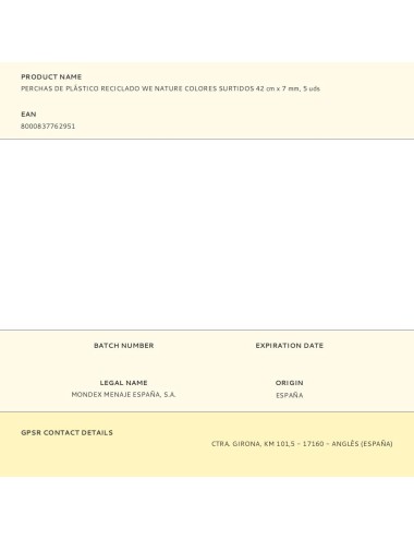 Perchas de plástico reciclado we nature colores surtidos 42 cm x 7 mm, 5 uds