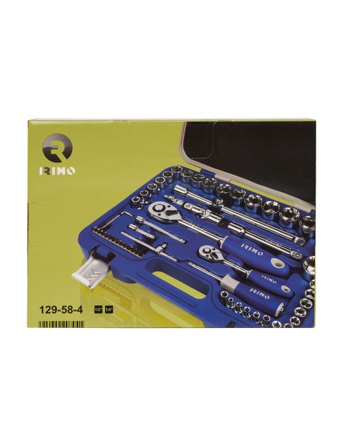 Juego carraca ½ y ¼ pulg, vasos hexagonales ½ (8-32mm) y ¼ (4-13mm), 58 piezas 129-58-4