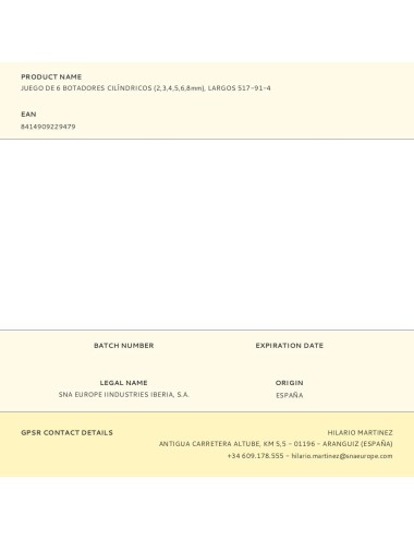 Botadores cilíndricos (2,3,4,5,6,8 mm), largos, juego de 6 piezas