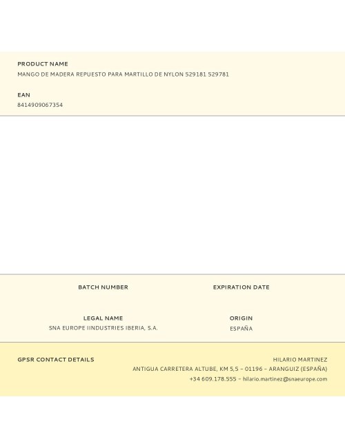 Mango de madera, repuesto para el martillo de nylon, ref 20370