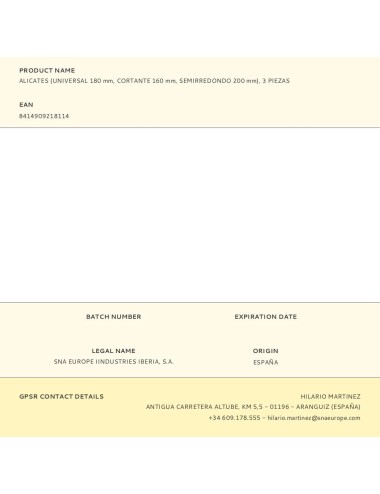 Alicates universales 180 mm, cortante 160 mm, semirredondo 200 mm, 3 piezas