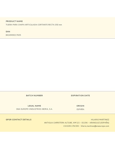 Tijera para chapa articulada cortante recta 250 mm