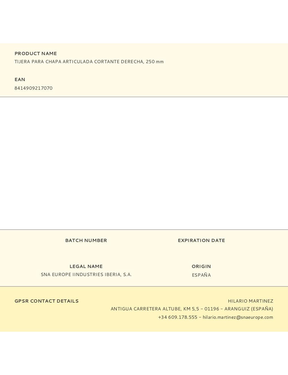 Tijera para chapa articulada cortante derecha, 250 mm