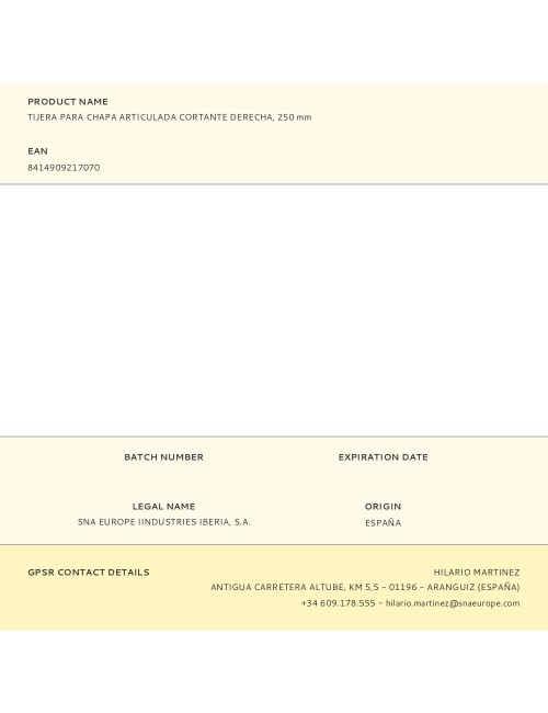 Tijera para chapa articulada cortante derecha, 250 mm