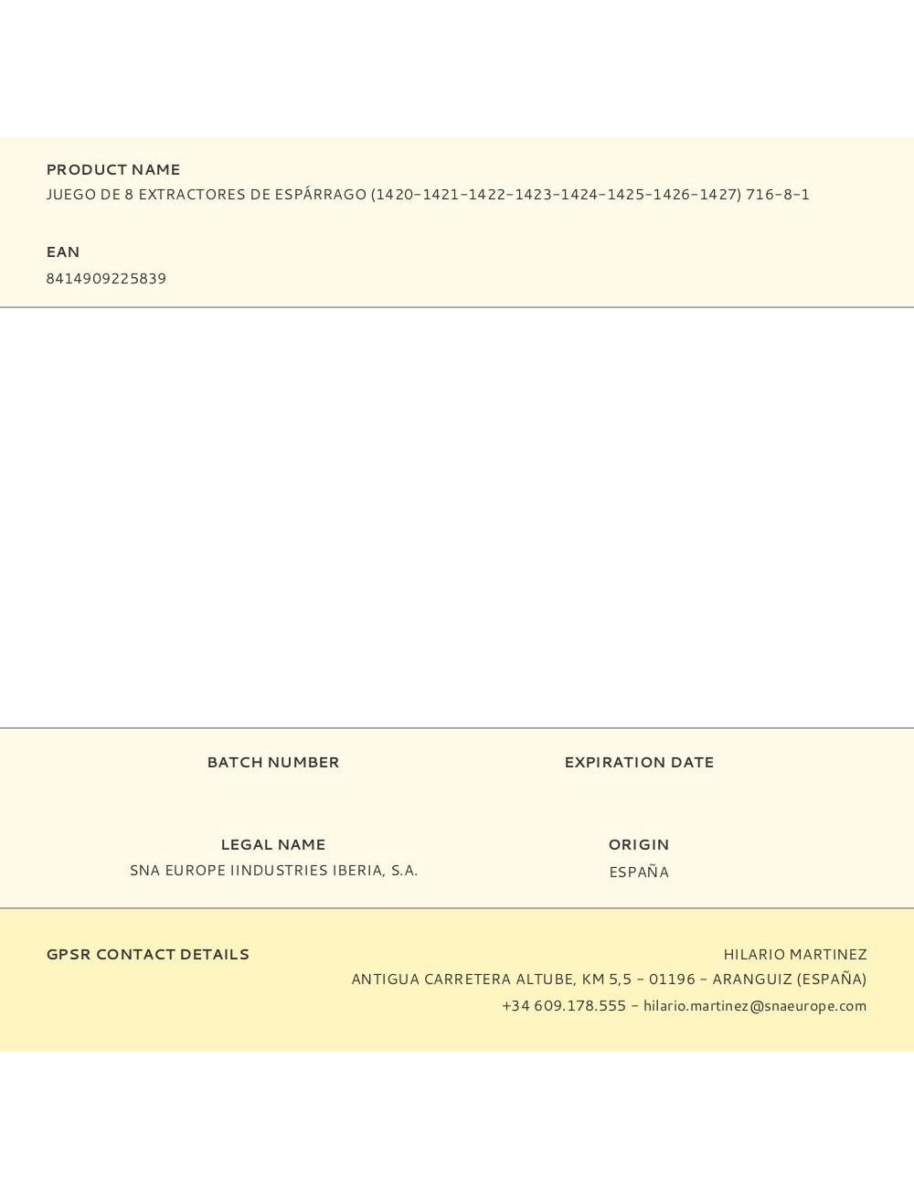 Extractores de espárrago, juego de 8 piezas