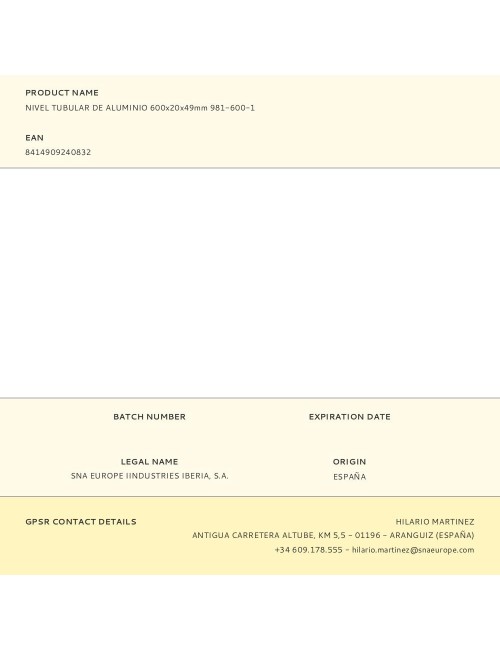 Nivel tubular de aluminio 600x20x49mm 981-600-1