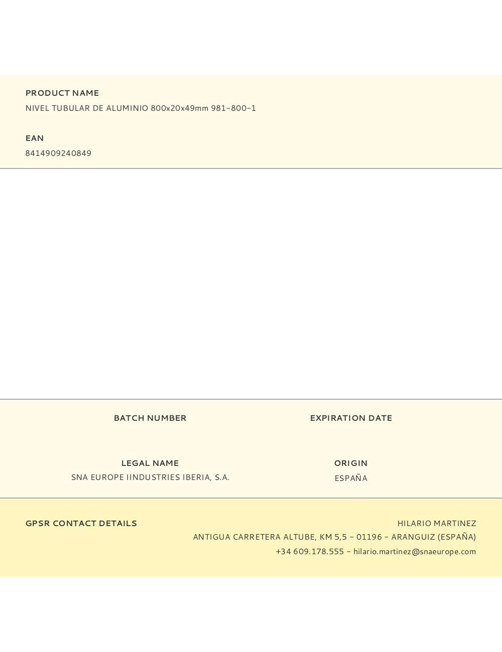Nivel tubular de aluminio 800x20x49mm 981-800-1