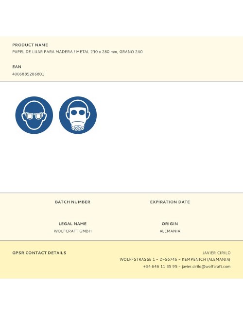 Papel de lijar para madera / metal 230 x 280 mm, grano 240