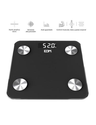 Báscula de baño digital inteligente con bluetooth color negro, máximo 180 kg