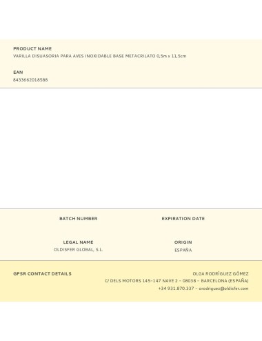 Varilla disuasoria para aves inoxidable base metacrilato 0,5m x 11,5cm