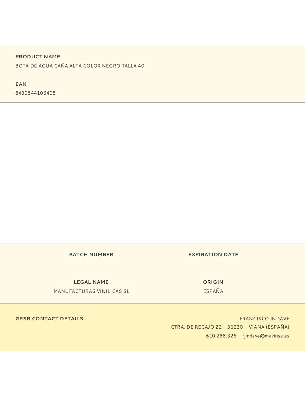 Bota de agua caña alta color negro talla 40