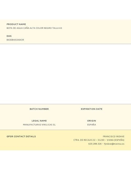 Bota de agua caña alta color negro talla 43