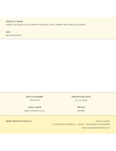 Sobre con semillas de tomate mini bell (tipo cherry) 000719bolsh agreen