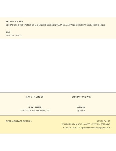 Cerradura sobreponer con cilindro 5056a entrada 60mm. mano derecha 95056ahe60d lince