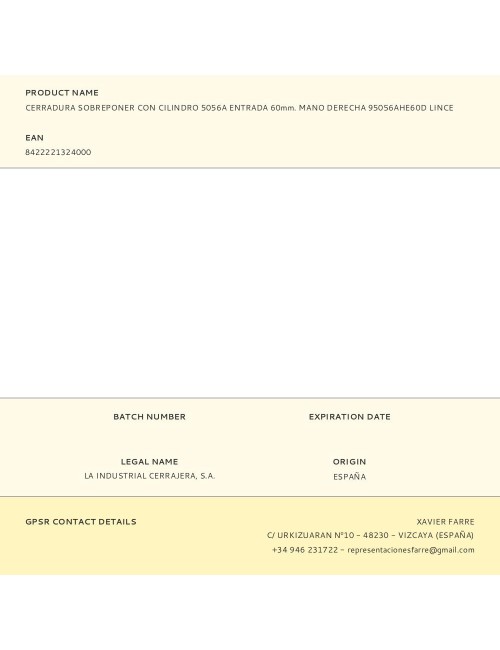 Cerradura sobreponer con cilindro 5056a entrada 60mm. mano derecha 95056ahe60d lince