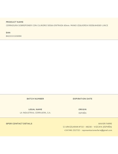 Cerradura sobreponer con cilindro 5056a entrada 60mm. mano izquierda 95056ahe60i lince