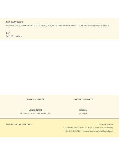 Cerradura sobreponer con cilindro 5056b entrada 60mm. mano izquierda 95056bhe60i lince