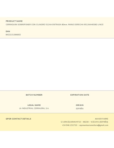 Cerradura sobreponer con cilindro 5124a entrada 80mm. mano derecha 95124ahe08d lince