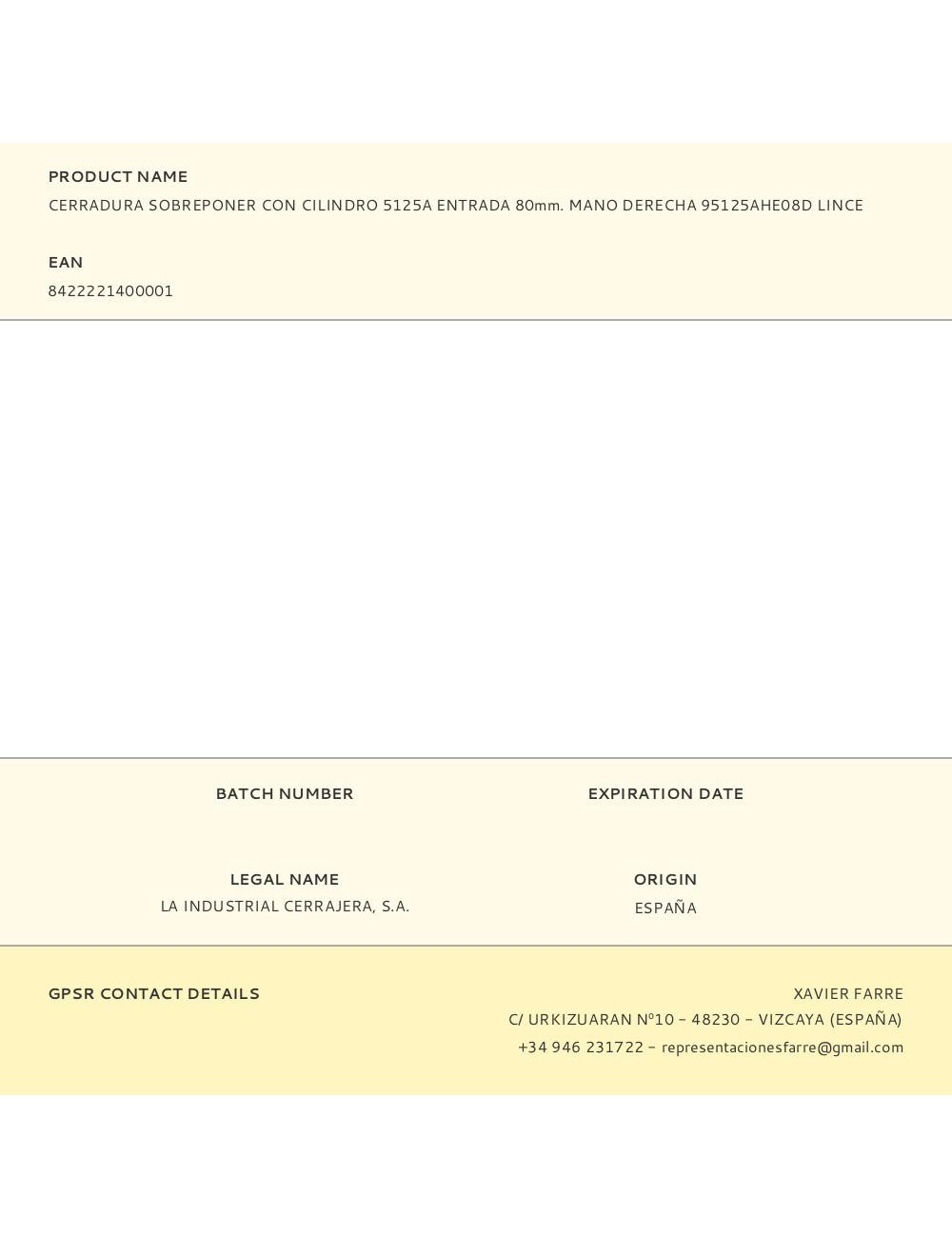 Cerradura sobreponer con cilindro 5125a entrada 80mm. mano derecha 95125ahe08d lince