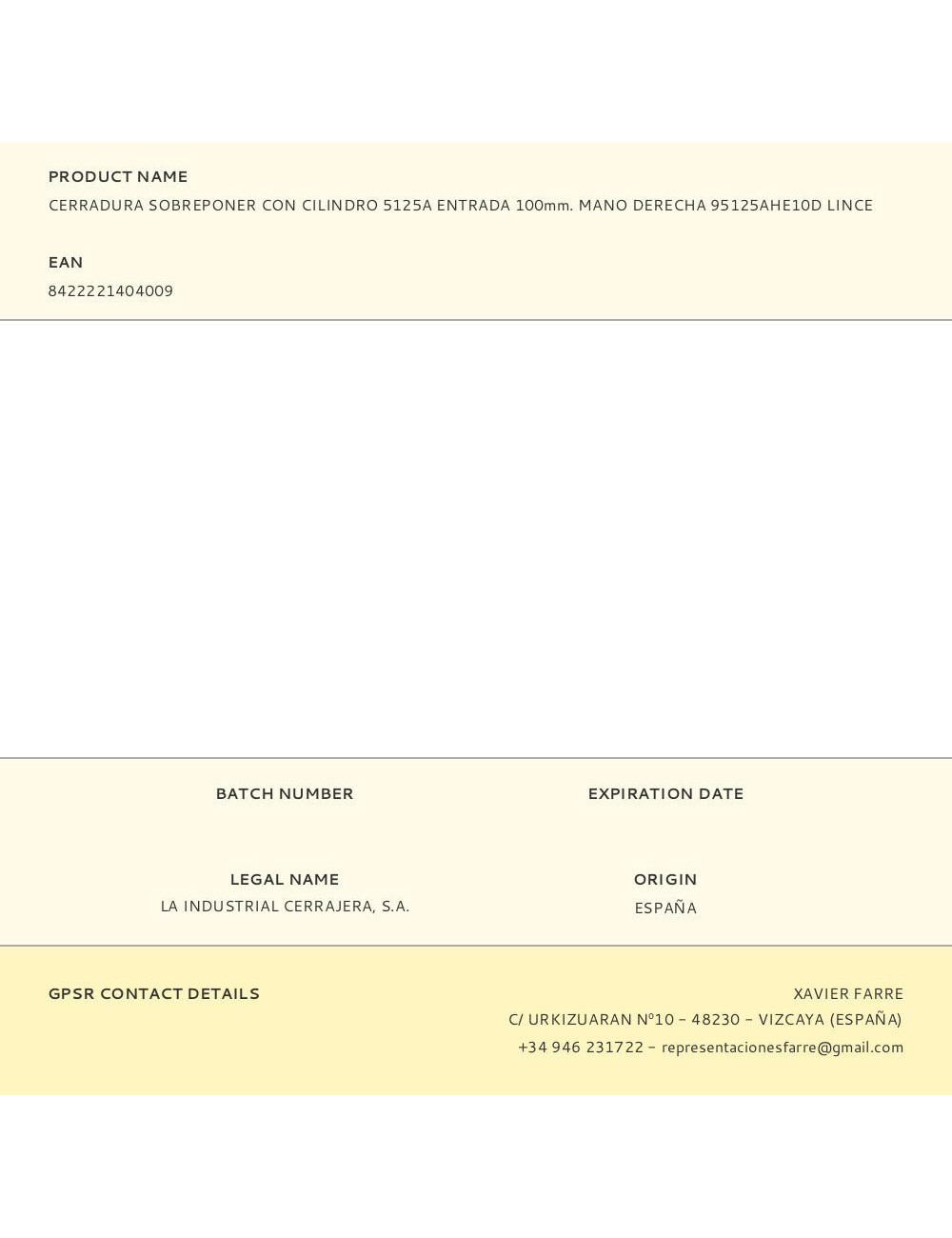 Cerradura sobreponer con cilindro 5125a entrada 100mm. mano derecha 95125ahe10d lince