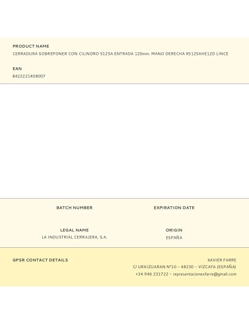Cerradura sobreponer con cilindro 5125a entrada 120mm. mano derecha 95125ahe12d lince