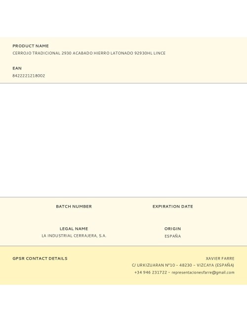 Cerrojo tradicional 2930 acabado hierro latonado 92930hl lince