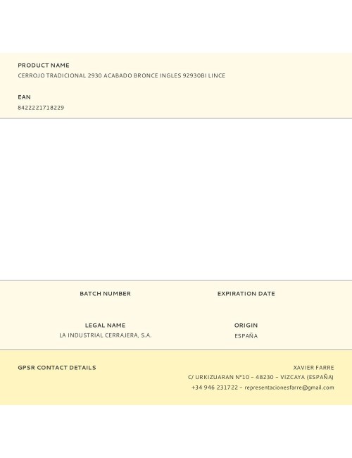 Cerrojo tradicional 2930 acabado bronce ingles 92930bi lince