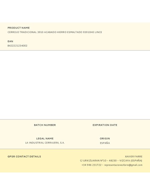 Cerrojo tradicional 3910 acabado hierro esmaltado 93910he lince