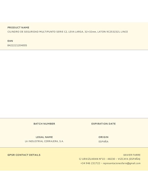 Cilindro de seguridad multipunto serie c2, leva larga, 32+32mm, laton 9c253232l lince