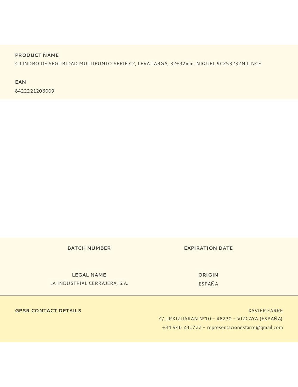 Cilindro de seguridad multipunto serie c2, leva larga, 32+32mm, niquel 9c253232n lince