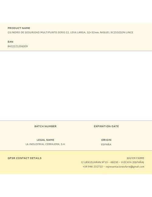Cilindro de seguridad multipunto serie c2, leva larga, 32+32mm, niquel 9c253232n lince