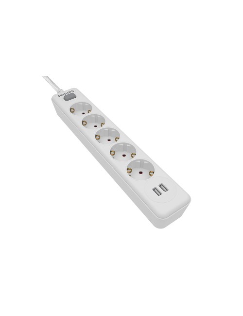 Base múltiple 5 tomas schuko, con interruptor + 2 usb a, 2 m cable, 16a 230v~, blanca