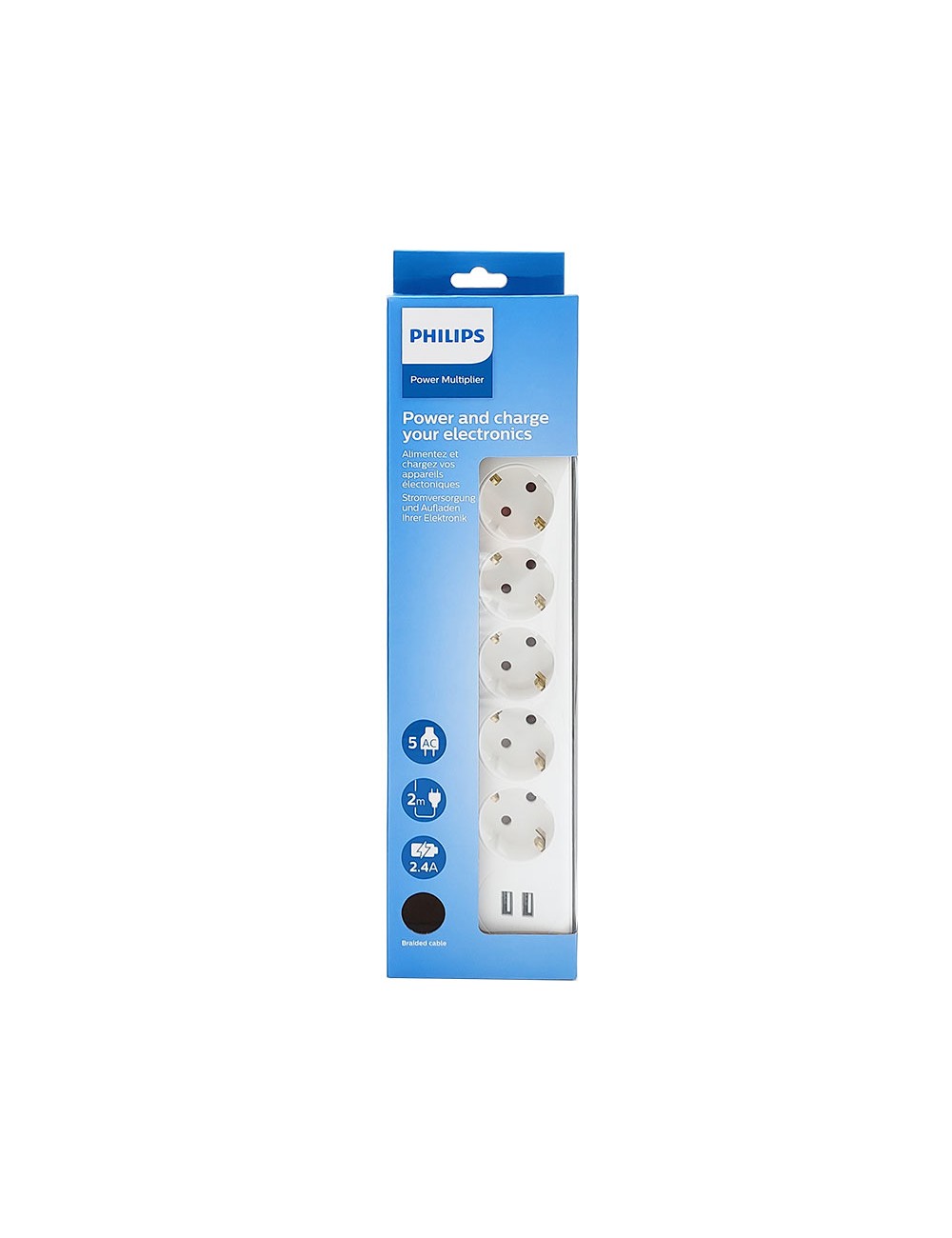 Base múltiple 5 tomas schuko, con interruptor + 2 usb a, 2 m cable, 16a 230v~, blanca