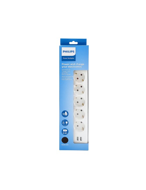 Base múltiple 5 tomas schuko, con interruptor + 2 usb a, 2 m cable, 16a 230v~, blanca