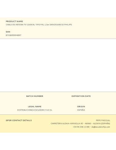Cable de antena tv coaxial tipo pal 1,5m swv2516w/10 philips