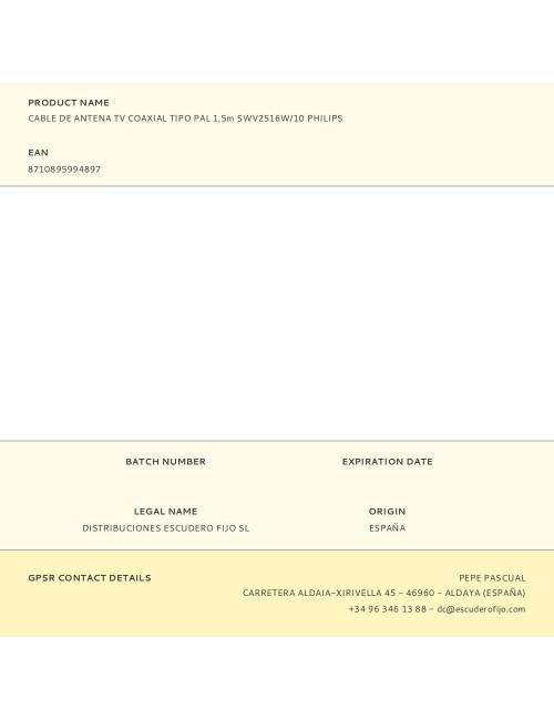 Cable de antena tv coaxial tipo pal 1,5m swv2516w/10 philips