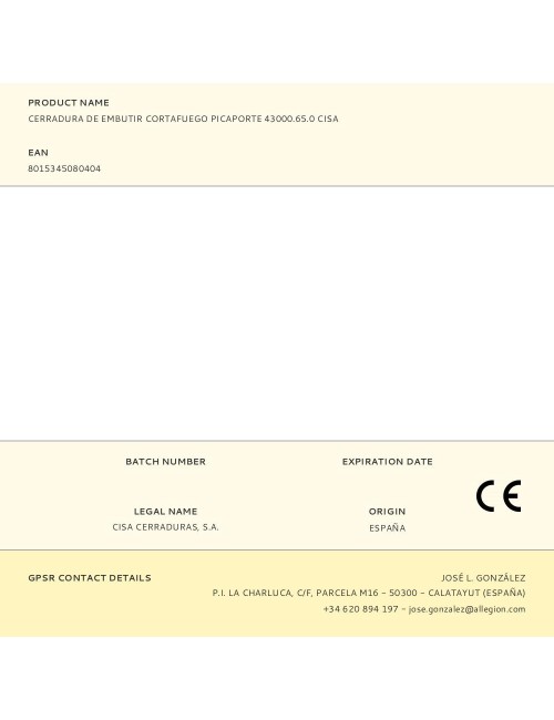 Cerradura de embutir cortafuego picaporte 43000.65.0 cisa