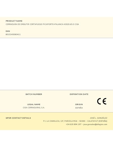 Cerradura de embutir cortafuego picaporte+palanca 43020.65.0 cisa