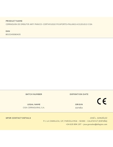 Cerradura de embutir anti panico-cortafuego picaporte+palanca 43120.65.0 cisa