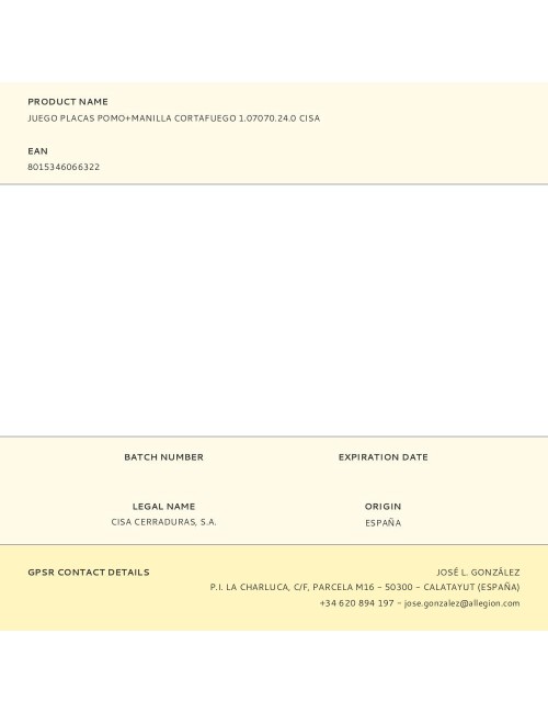 Juego placas pomo+manilla cortafuego 1.07070.24.0 cisa