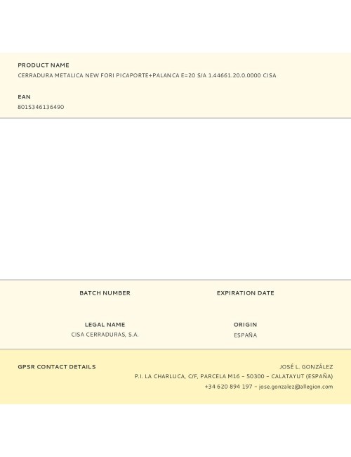 Cerradura metalica new fori picaporte+palanca e20 s/a 1.44661.20.0.0000 cisa