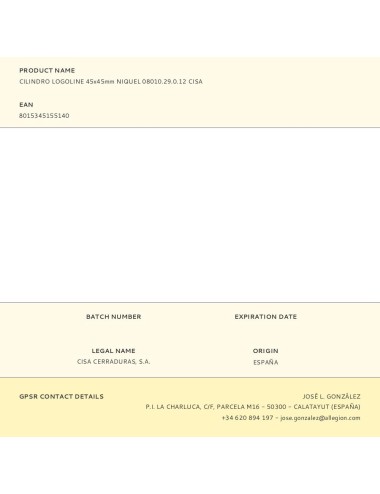 Cilindro logoline 45x45mm niquel 08010.29.0.12 cisa