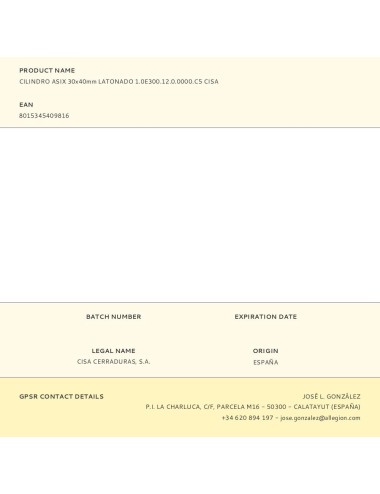 Cilindro asix 30x40mm latonado 1.0e300.12.0.0000.c5 cisa