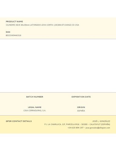 Cilindro asix 30x30mm latonado leva corta 1.0e300.07.0.00sz.c5 cisa