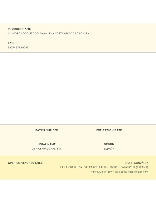 Cilindro logo std 30x40mm leva corta 08010.12.0.lc cisa