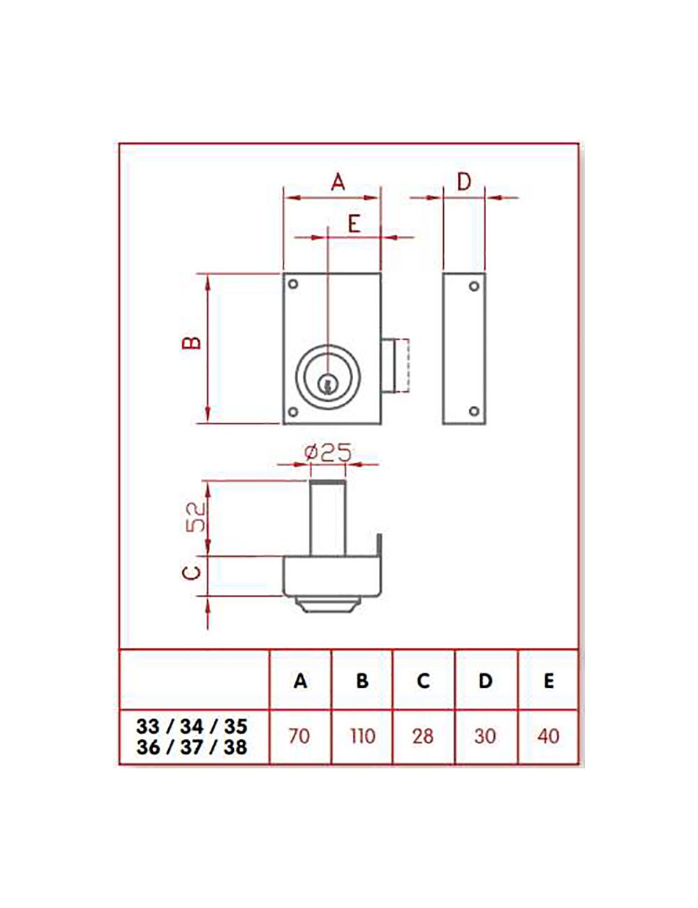 Cerradura de sobreponer solo llave. derecha jis 33-7d jis